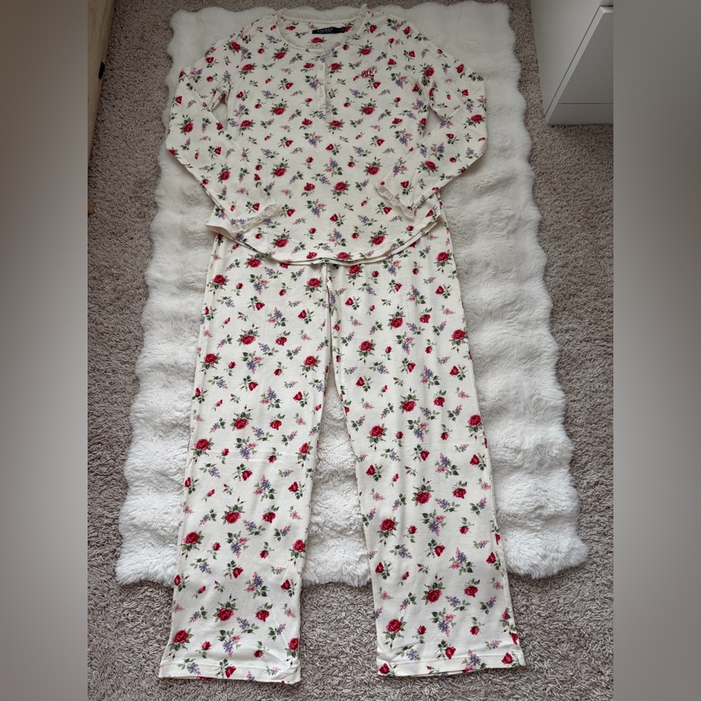 Lauren Ralph Lauren Cream Floral Rose Cotton Pajama Set-Romantic Sleepwear-S - Picture 2 of 16